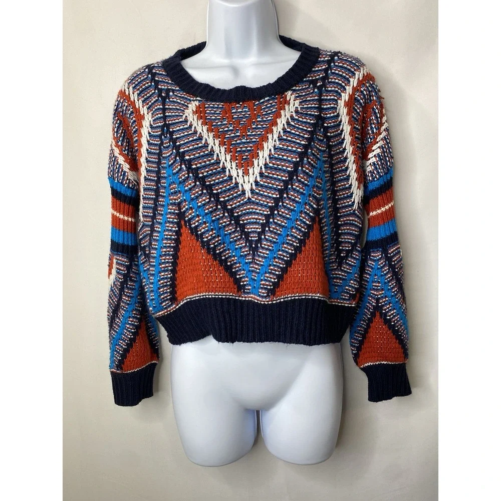 Womens Aztec Chunky Knit Sweater Measures Medium Cropped Fall Artsy Street wear